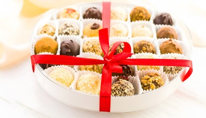 Assorted chocolate truffles in a white box tied with a bright red ribbon