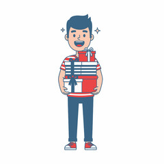 Happy young man holding a large stack of colorful gift boxes.