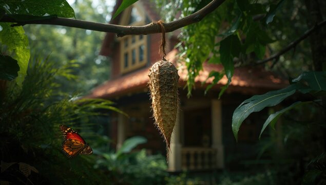 Tree branch with a bagworm cocoon in a natural setting