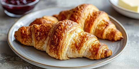 Three golden-brown croissants on a white plate, with butter and jam on the side, on a grey stone surface with a white bowl of jam and a white plate with butter.