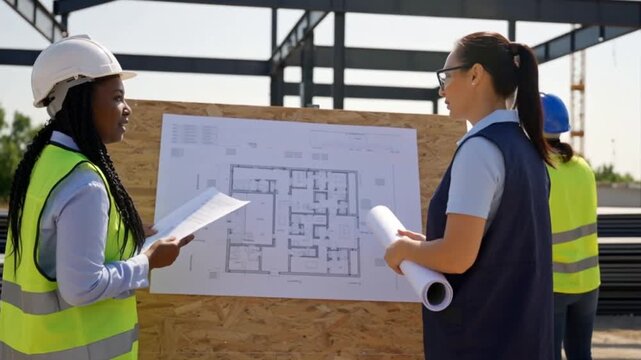 Female engineers reviewing technical documents with a construction worker, discussing floor plans and outlining specific project tasks