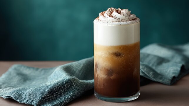 Tall glass showcases layered iced coffee drink topped with whipped foam and dusting