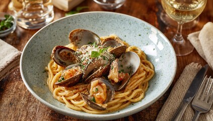 Prepared seafood meal featuring clams alle vongole paired with pasta as an appetizer.