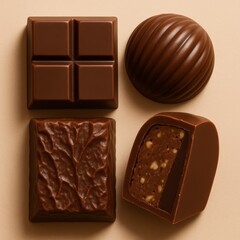 Obraz premium A close-up of artisanal chocolate pieces arranged in a grid. Gourmet confectionery assortment with various textures and a nutty filling