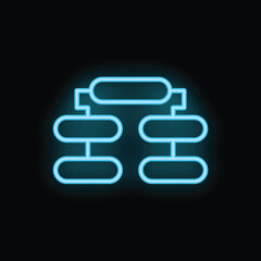 Neon blue flowchart representing an algorithm is glowing on a black background