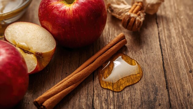 Components of apple cider or apple cider vinegar including raw apples, cinnamon sticks, and honey arranged on a wooden table. Close-up or overhead view.