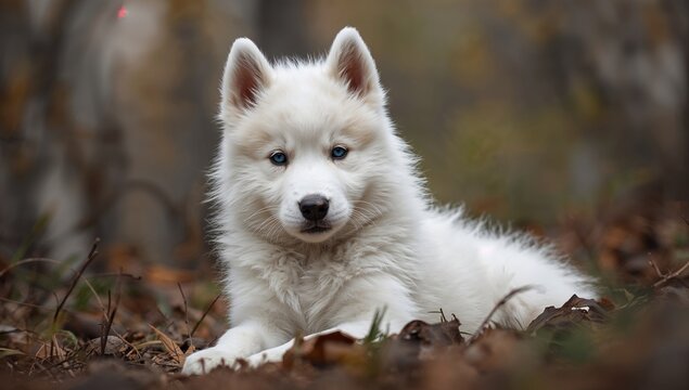 A white Husky dog is seated, attentively observing its surroundings. Stunning photo