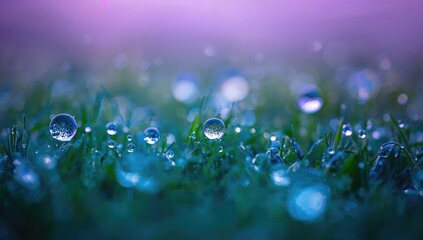 Large morning dew drops on grass in springtime, emphasizing focus and the beauty of nature