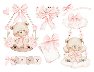 Watercolor Illustration Set of Baby Teddy Bears and Nursery Elements