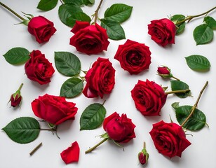 Overhead shot of red roses with green leaves, scattered on a white background