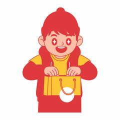 Excited child opening a gift bag with anticipation and joy.