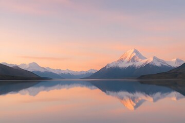 Snowy mountain reflection on lake for travel photography and nature branding