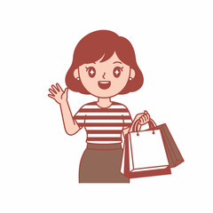 Cheerful cartoon woman waving hello while holding shopping bags.