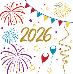 Festive 2026 new year celebration with fireworks isolated on white background