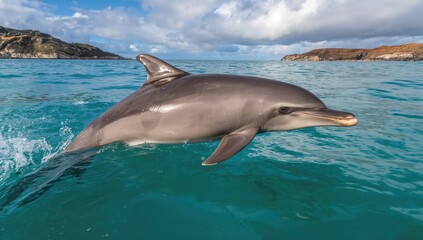 Fototapeta premium Dusky dolphin (Lagenorhynchus obscurus) jumping out of the ocean