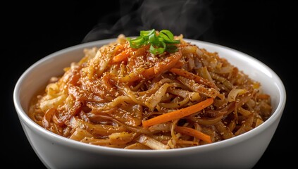 Bowl of stir-fried noodles with cabbage and carrot