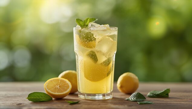 Refreshing lemonade with ice and fresh lemon leaves in a glass, perfect for summer hydration