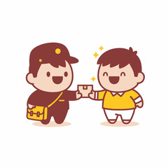 Cute cartoon postman delivering small package to happy customer.