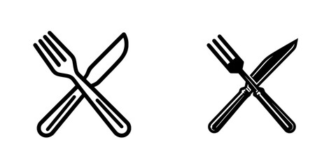 Fototapeta premium Modern crossed fork and knife icon symbolizing restaurant and dining, presented as a black outline silhouette on a white background