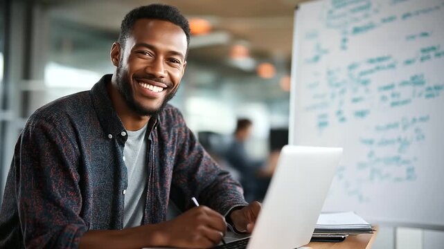 A smiling African American IT expert codes machine learning algorithms in a startup office reviewing code on a laptop a whiteboard with bug fixes AI code review startup tech