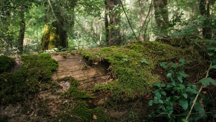 Green moss covering old wooden logs in a forest