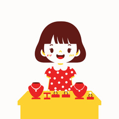 Smiling girl showcasing jewelry at a shop counter with necklaces and rings.