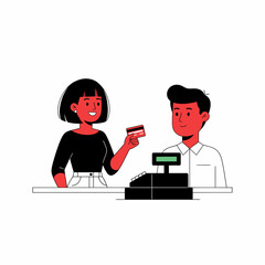 Woman making a payment with a credit card at a store checkout counter.