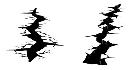 Earthquake damage is visible on transparent surfaces with cracks and fissures, fractured ground textures, and seismic land rifts, as well as damaged soil and splitting earth crevices