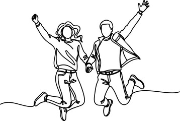 Continuous Line Art of Two People Jumping on White Background