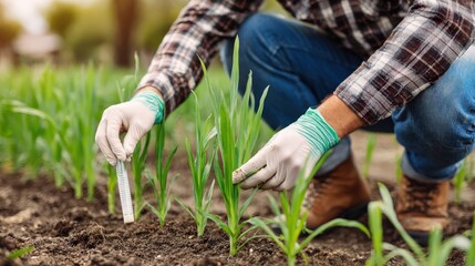 Fototapeta premium Agricultural worker measures growth of small crop plants in a field setting