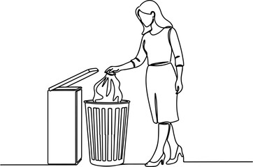 Continuous Line Art of Woman Throwing Trash into Bin on White Background