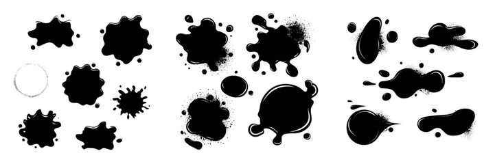 Vibrant ink stain silhouettes in the form of halftone blob shapes are isolated on a light background, paired with dotted grunge textures, rough spray spots, and a distressed splatter effect to create