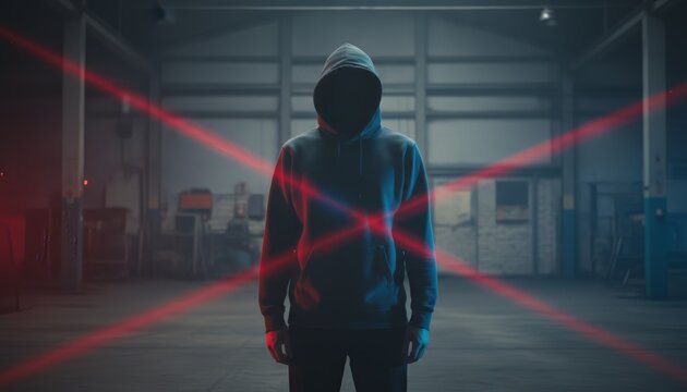 Anonymous person in a hoodie standing in an empty warehouse, facing a crisscrossing red laser security grid, conceptualizing themes of crime, hacking attempts, data breach, and security concerns
