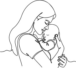 Continuous Line Art of Mother Holding Baby on White Background