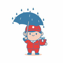 Delivery man holding gift under umbrella in rainy weather.