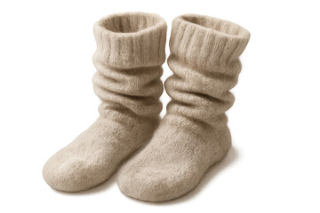 Pair of cozy beige felt boots providing warmth and comfort during winter, perfect for home relaxation, transparent background