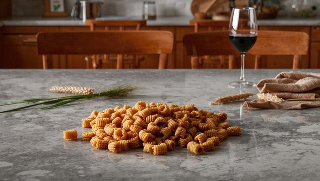 Dry farfalloni pasta arranged on a marble surface showcasing texture and food elements