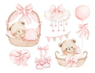 Watercolor Illustration Set of Baby Teddy Bears and Nursery Elements