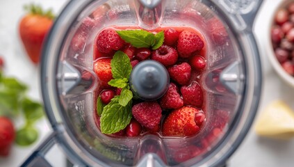 Blender with red fruits including strawberries, raspberries, mint leaves, and pomegranate seeds, nutritious beverage preparation