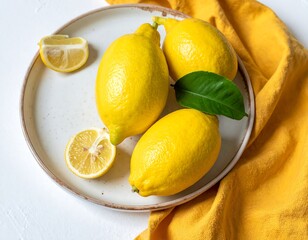 Overhead shot of ripe lemons, a leaf, and a lemon slice on a ceramic plate