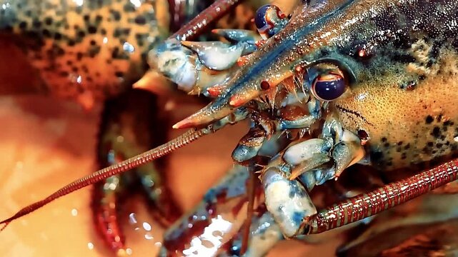 Fresh live lobster behind a fine dining restaurant kitchen, showcasing premium shellfish quality and movement. Ideal for seafood restaurants, culinary footage, and commercial seafood visuals.