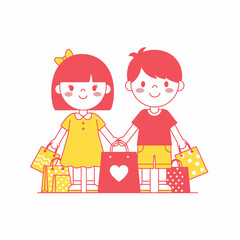 Happy children holding hands with shopping bags after buying gifts together.