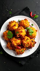 Overhead shot of savory golden fried fritters on white plate