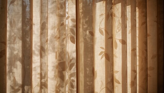 Sunlight filtering through window blinds, creating patterns of light and shadow on curtains, seasonal change