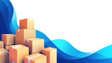 Stacked cardboard boxes with abstract blue wave background for moving and delivery.