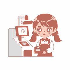 Chibi-style cashier girl holding a product at checkout.