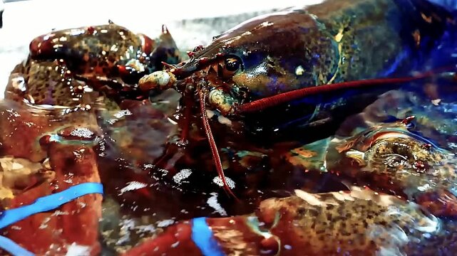 Fresh live lobster behind a fine dining restaurant kitchen, showcasing premium shellfish quality and movement. Ideal for seafood restaurants, culinary footage, and commercial seafood visuals.