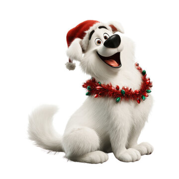 Cute white Christmas dog in Santa hat, 3D cartoon character on transparent background