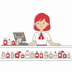 Woman at Perfume Counter with Bottles and Cash Register.