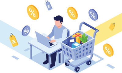 Online shopping with laptop and cart full of gifts and discounts.